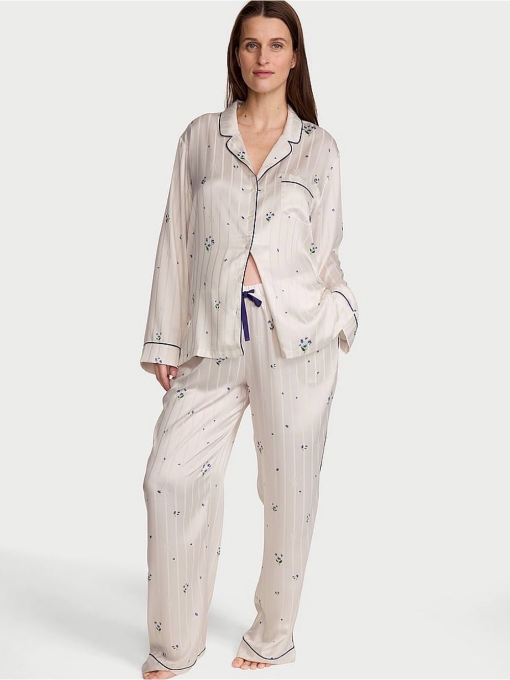NWT Victoria's Secret Coconut White & Blue Floral Satin Pajama Set SZ SMALL